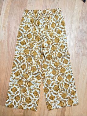 Nicole Miller Cream and Mustard Floral Wide-Leg Drawstring Pants